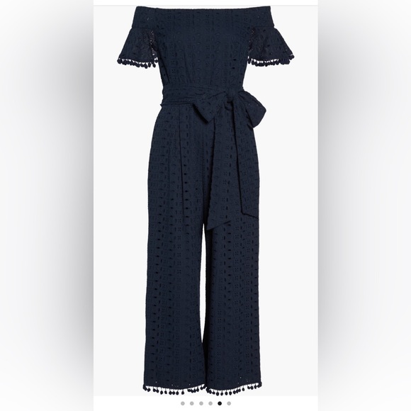 Chelsea28 off the shoulder eyelet pom jumpsuit